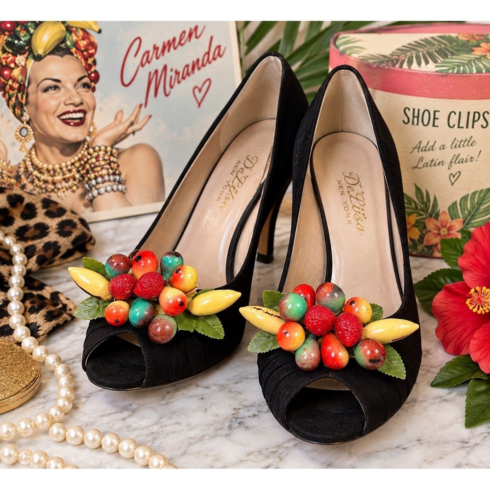 Vintage 1940s Fruit Salad Shoe Clips Pair Carmen Miranda Style Novelty Fruit 3"